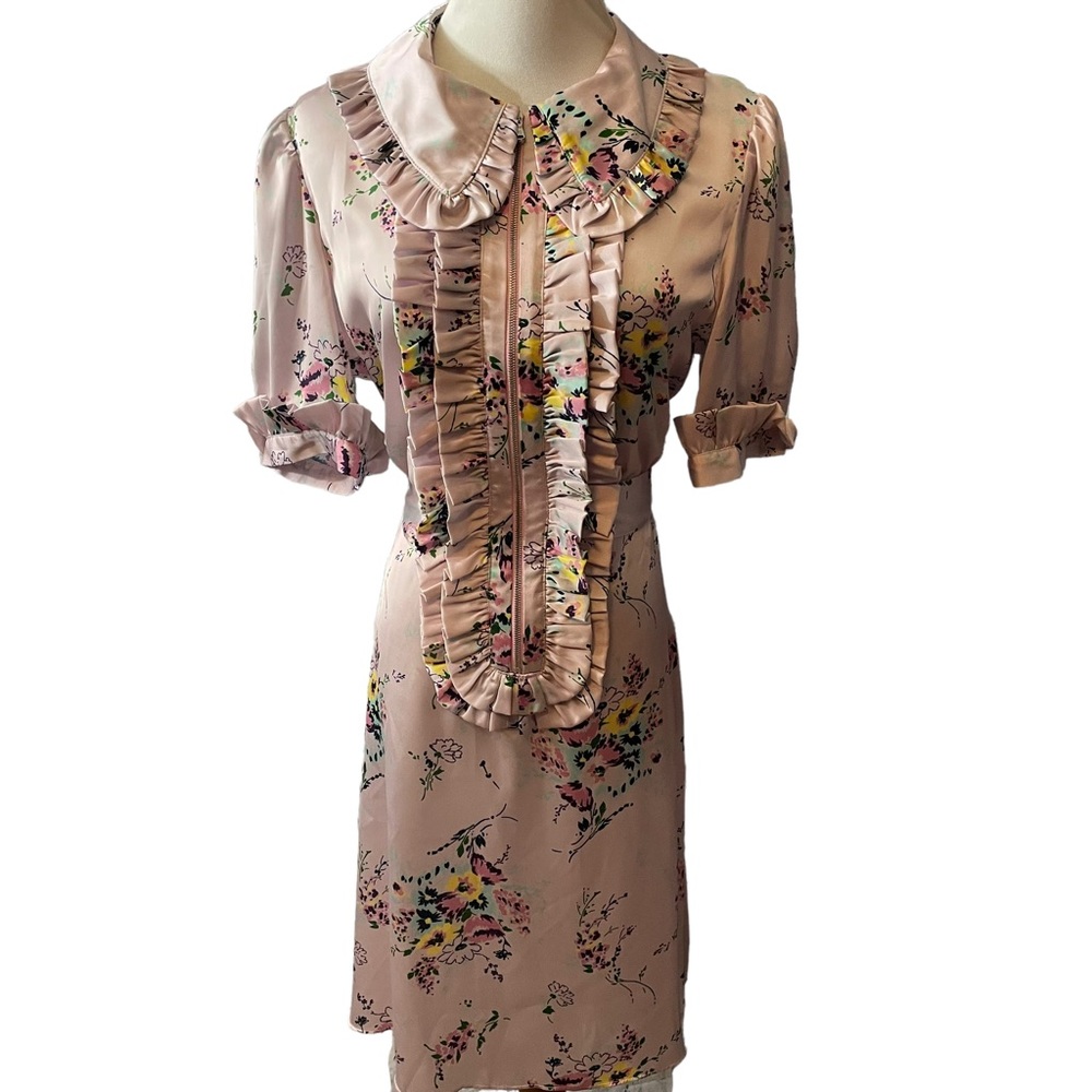 Jill Stuart Pink Floral Zip Up Victorian Style Rounded Collar Ruffle Dress